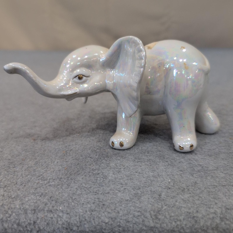Vintage schillernde Keramik Elefant Figur Perlmutt Glasur Goldakzente Bild 1