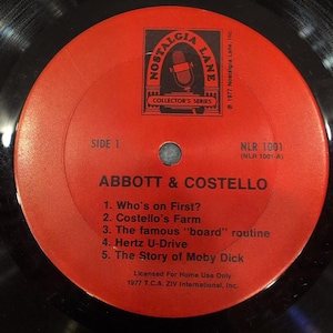 Abbott & Costello Who's on First Vinyl Nostalgia Lane NLR 1001 1977 TB+ image 1