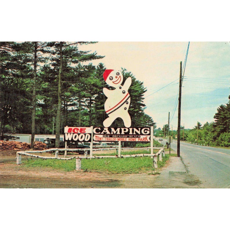 Carte postale ancienne Old Orchard Beach, Maine, panneau « Camping pour tentes et caravanes » (VG) image 1
