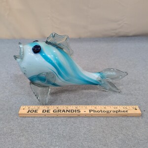 Hand Blown Art Glass Fish Figurine Blue White Swirl Nautical Decor Sculpture image 8