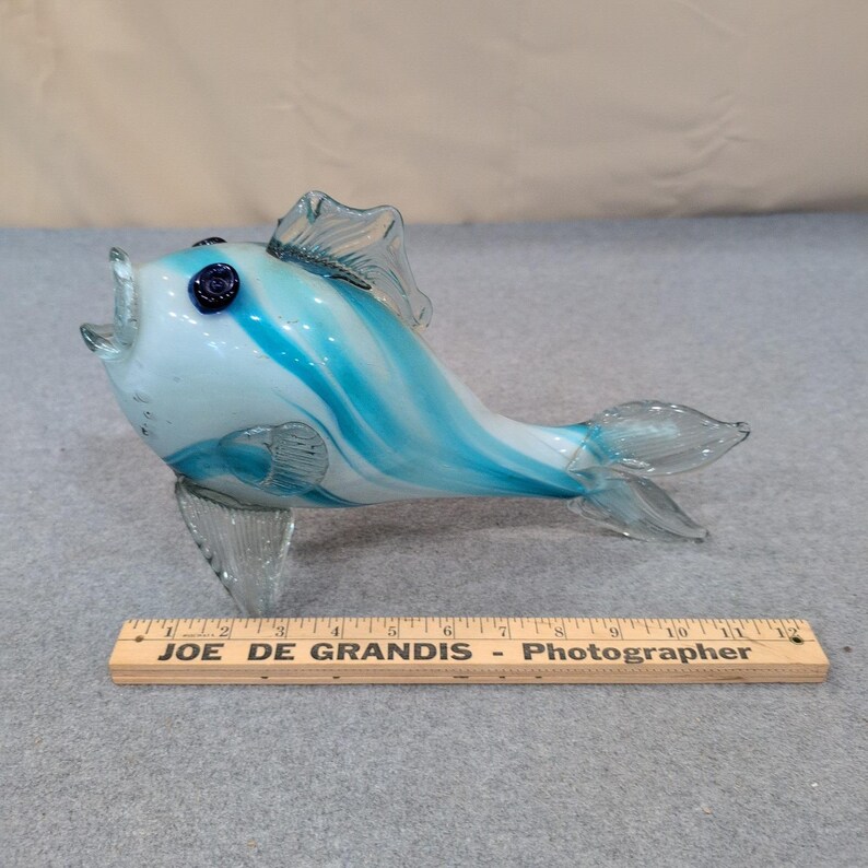 Hand Blown Art Glass Fish Figurine Blue White Swirl Nautical Decor Sculpture image 8