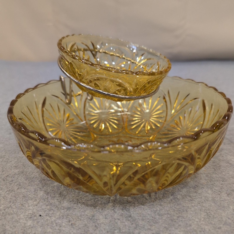 Anchor Hocking Medallion Honey Gold Chip and Dip Set Amber Glass Starburst 1960s image 1