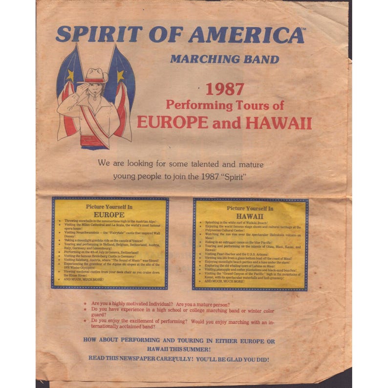Spirit of America Marching Band 1987 Europe Hawaii Tour Ephemera Lot Newspaper image 1