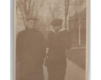Vintage 1910s-1920s Sepia Photo Two Men Winter Coats Newsboy Caps