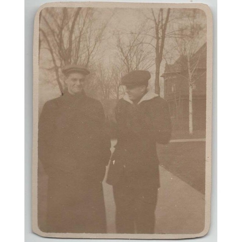 Vintage 1910s-1920s Sepia Photo Two Men Winter Coats Newsboy Caps image 1