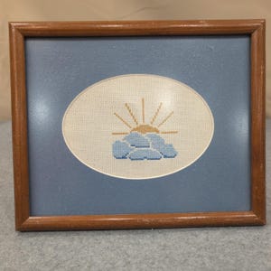 Vintage Cross Stitch Framed Art Sun and Clouds Needlepoint Blue Wood Frame