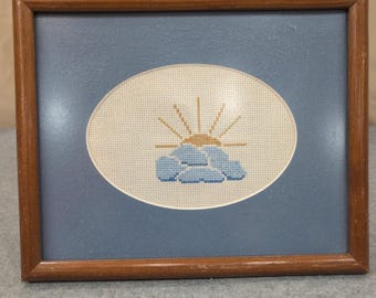 Vintage Cross Stitch Framed Art Sun and Clouds Needlepoint Blue Wood Frame