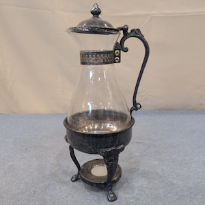 Sheridan Silver Plated Glass Carafe with Ornate Warming Stand Vintage Beverage image 1