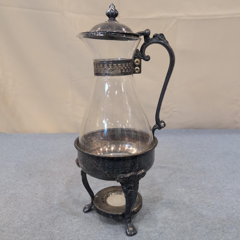 Sheridan Silver Plated Glass Carafe with Ornate Warming Stand Vintage Beverage image 1