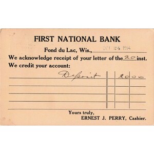 1914 Eerste Nationale Bank Fond du Lac Wisconsin Privépostkaart 1 cent postzegel afbeelding 2
