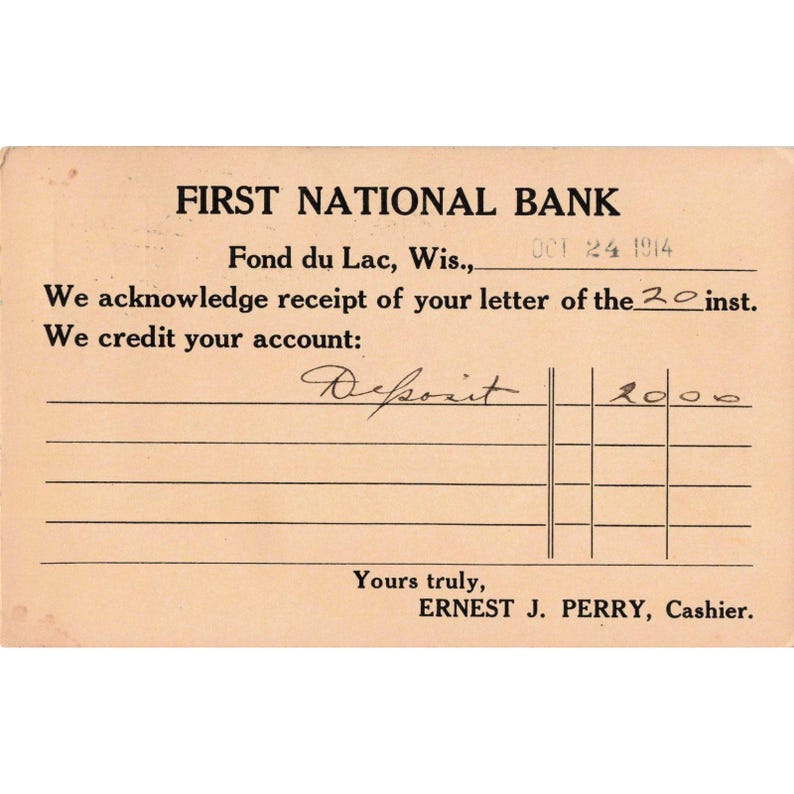 1914 Eerste Nationale Bank Fond du Lac Wisconsin Privépostkaart 1 cent postzegel afbeelding 2