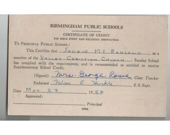 1954 Birmingham Public Schools Bible Study Certificate Valley Christian Church