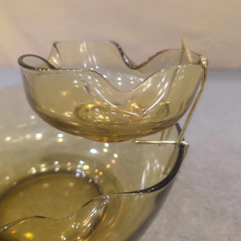 Vintage MCM Smoked Olive Green Glass Ruffled Chip and Dip Set with Metal Bracket image 8