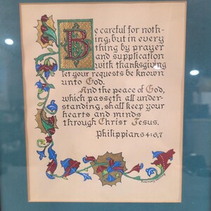 Rosemary Kenney Philippians 4:6,7 Calligraphy Art Framed Illuminated Scripture image 2
