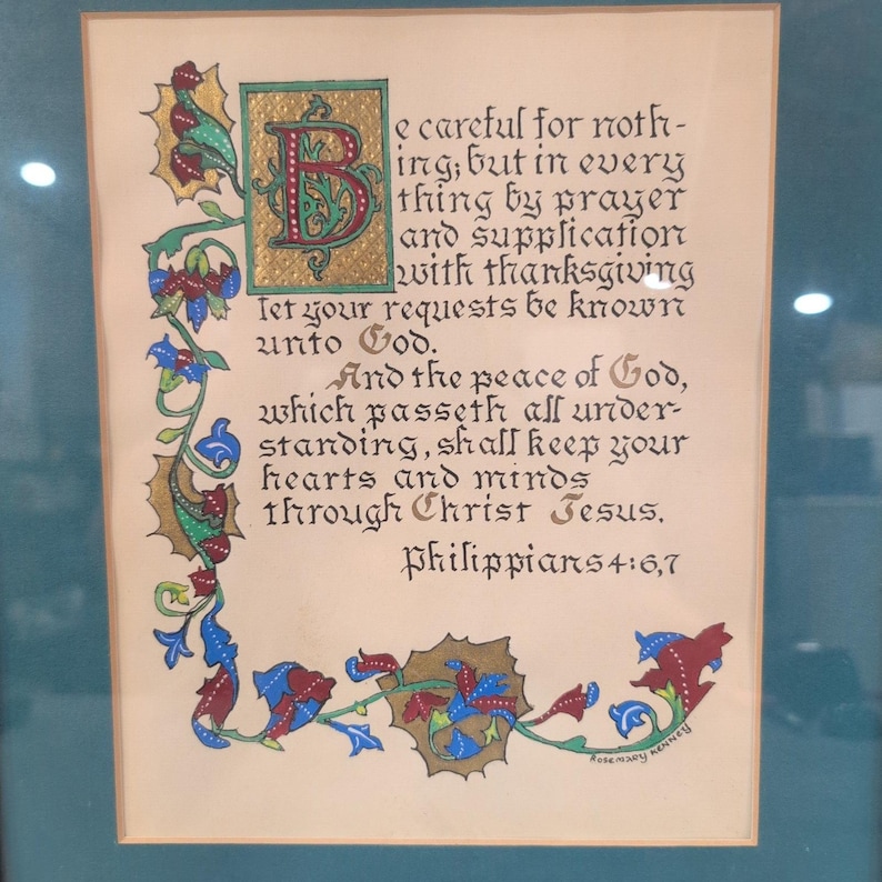 Rosemary Kenney Philippians 4:6,7 Calligraphy Art Framed Illuminated Scripture image 2
