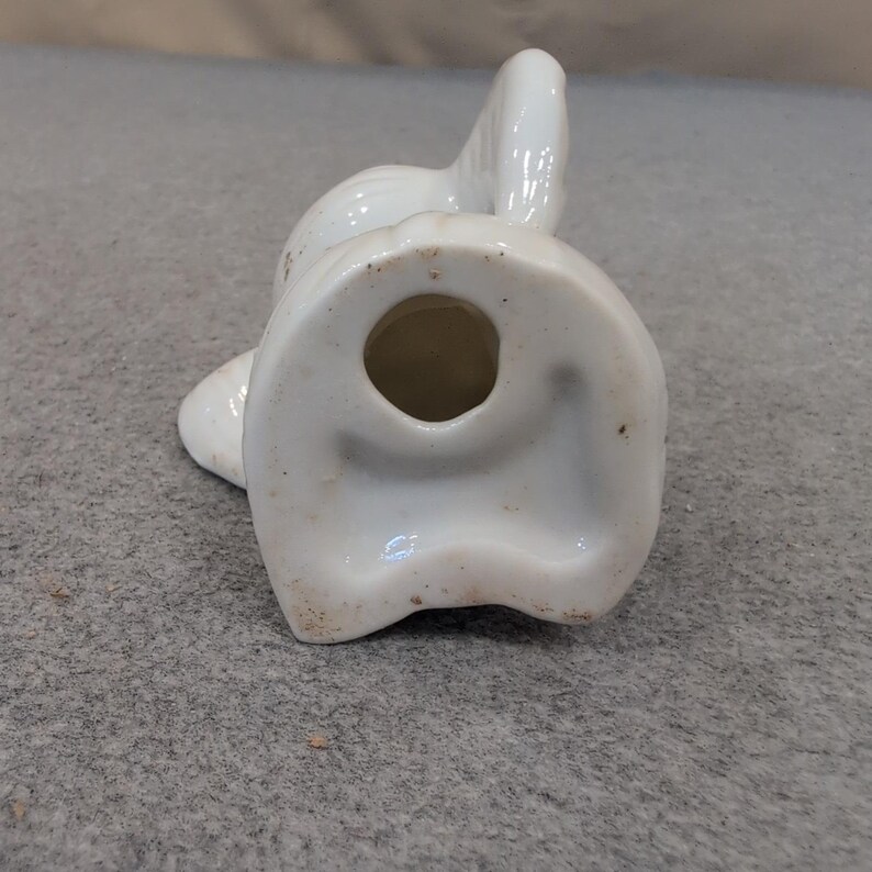 Vintage White Ceramic Elephant Figurine Seated Trunk Up Blue Eyes Bow Tie image 4
