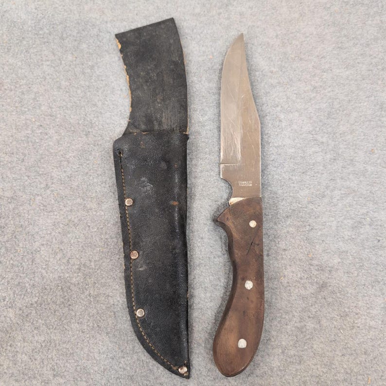 Vintage Fixed Blade Hunting Knife Pakistan Stainless Wood Handle Leather Sheath image 1