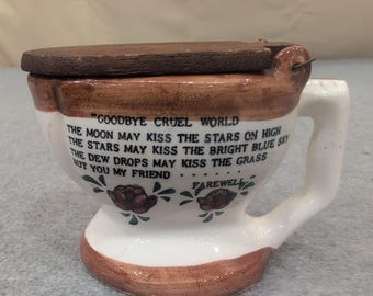Vintage Ceramic Toilet Goodbye Cruel World Novelty Mug with Wooden Lid Gag Gift