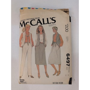 VTG 1979 McCall's Sewing Pattern 6497 Misses Unlined Vest Skirt Pants Size 16 image 1