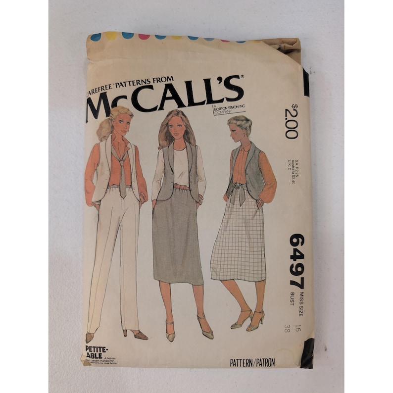 VTG 1979 McCall's Sewing Pattern 6497 Misses Unlined Vest Skirt Pants Size 16 image 1