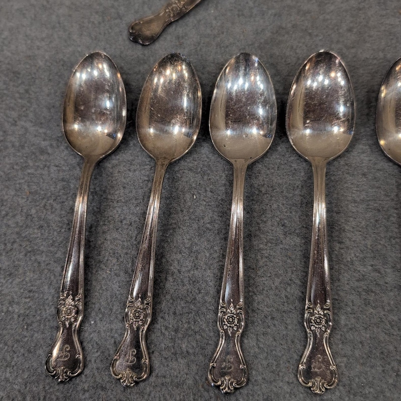 Old Company Plate Signature Rose Silverplate Flatware Set 13pc Monogrammed F image 5