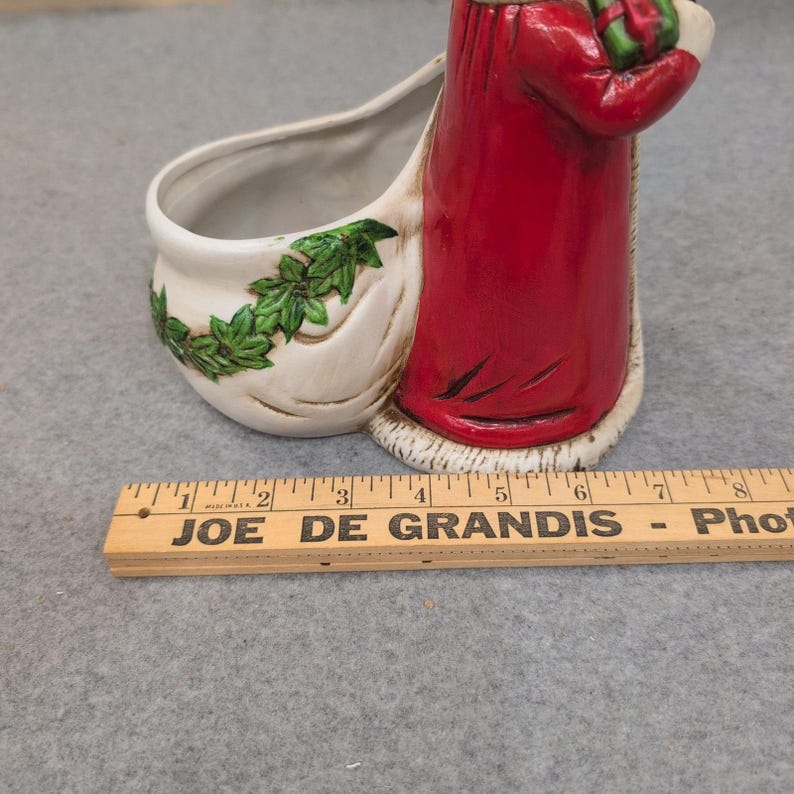 Claire Burke 1991 Ceramic Santa Claus Planter Candy Dish Red Green Holly image 3