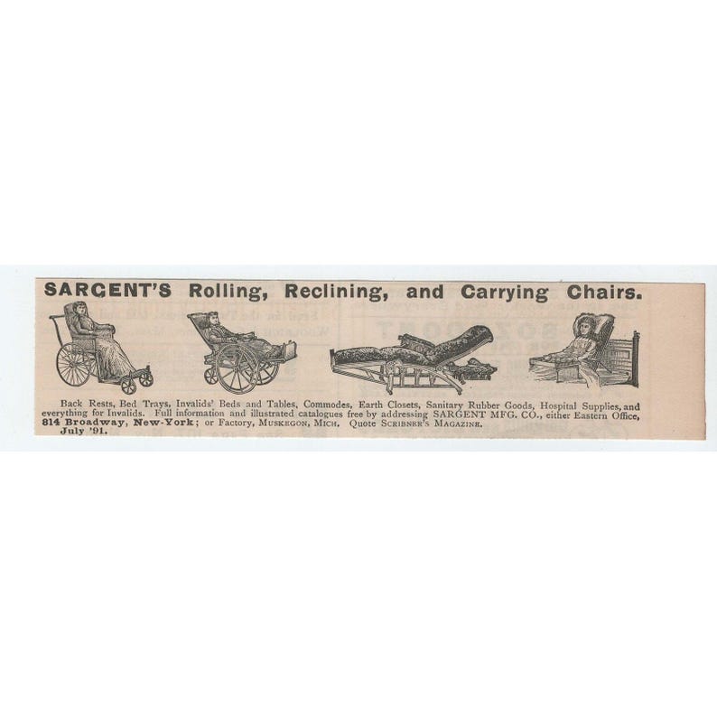 1891 Sargents Rolling Reclining Carrying Chairs Vintage Print Ad Medical History image 1