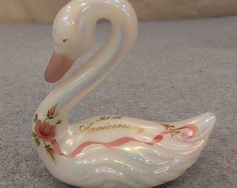 Fenton Glass Swan 35th Anniversary Hand Painted Iridescent Figurine