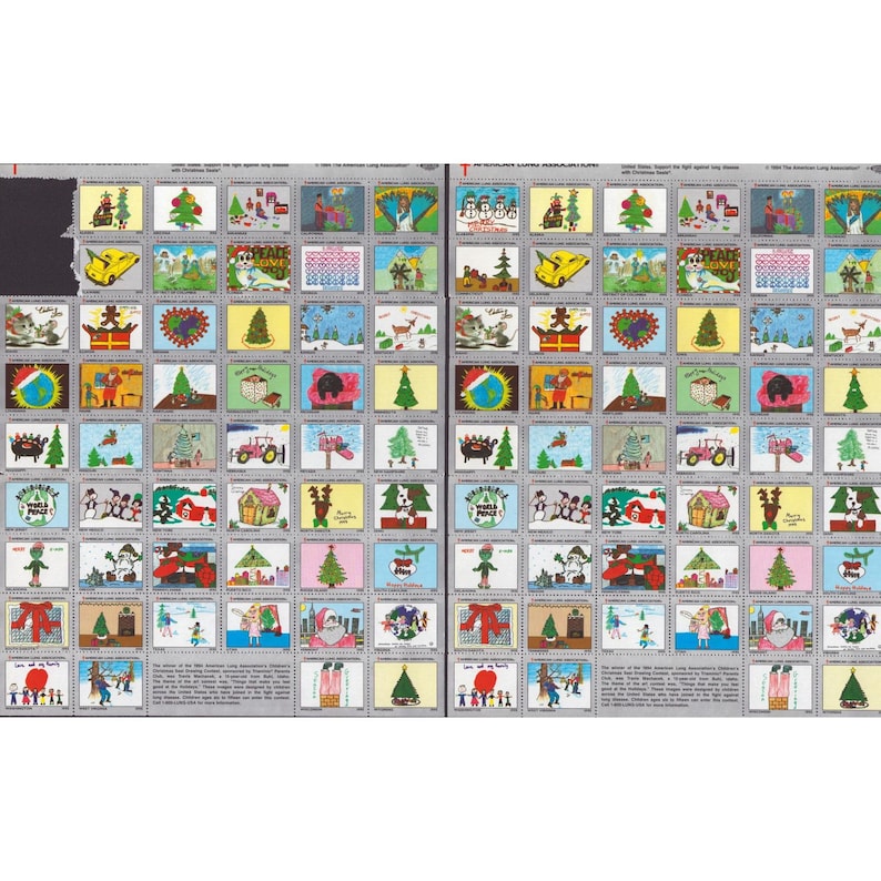 1994 American Lung Association Christmas Seals 2 Sheets Childrens Art Vintage image 1