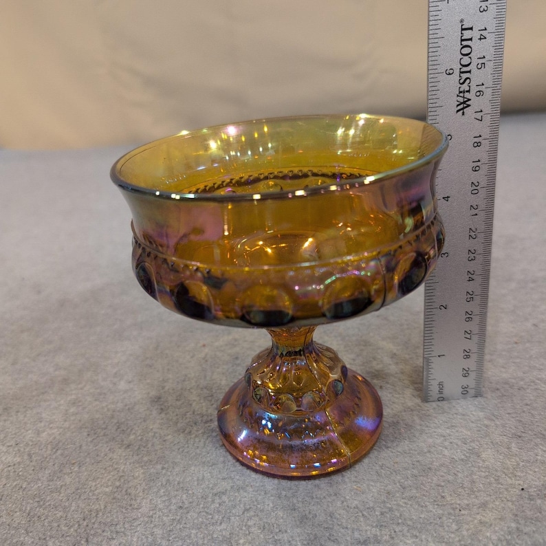 Vintage Indiana Glass Kings Crown Amber Carnival Glass Compote Iridescent Bowl image 4
