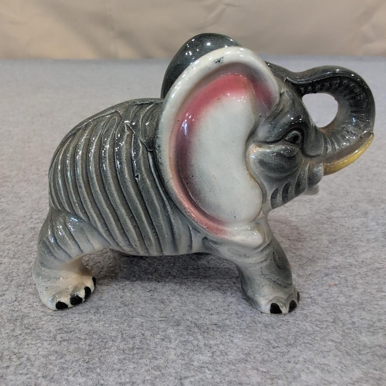 Vintage Hand Painted Japan Ceramic Elephant Figurine Grey Pink Glossy Glaze image 1