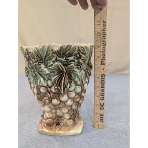 Vintage McCoy Pottery Grape and Leaf Relief Planter Green Brown Glaze Ceramic image 7