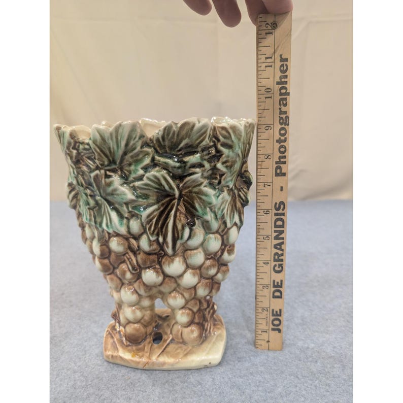 Vintage McCoy Pottery Grape and Leaf Relief Planter Green Brown Glaze Ceramic image 7
