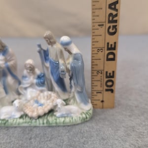 Vintage Style Blue and White Ceramic Nativity Scene Figurine Holy Family Lambs image 4