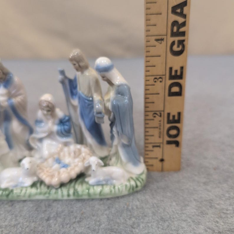 Vintage Style Blue and White Ceramic Nativity Scene Figurine Holy Family Lambs image 4