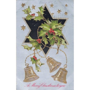 Vintage 1909 Christmas Postcard Embossed Holly Gold Bells Schenectady NY Germany image 1