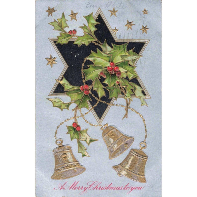 Vintage 1909 Christmas Postcard Embossed Holly Gold Bells Schenectady NY Germany image 1