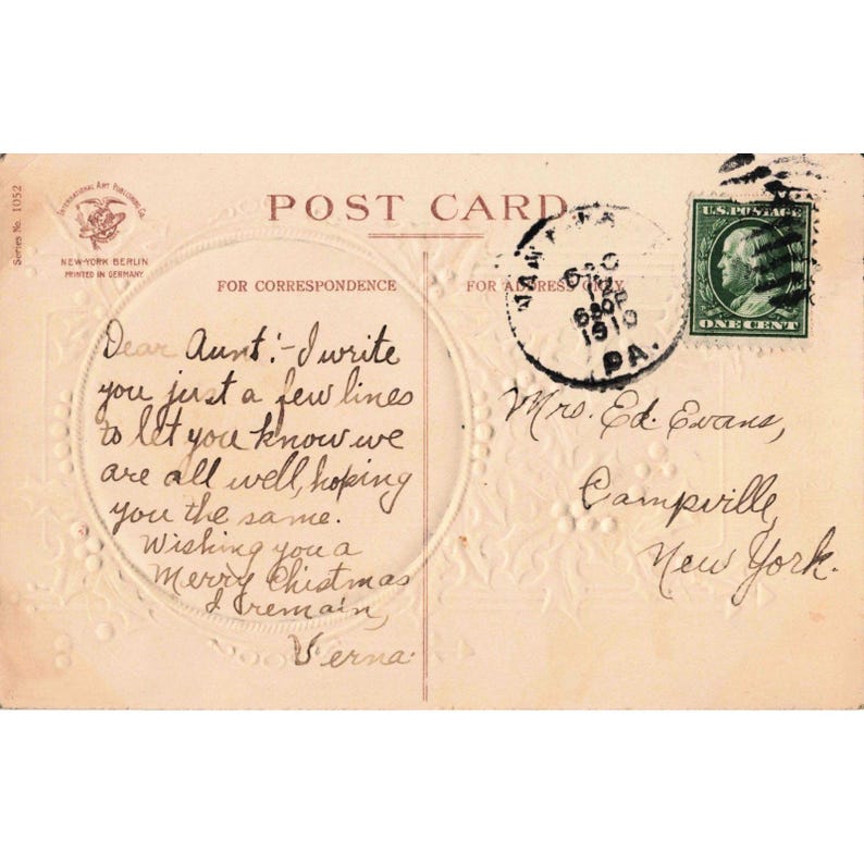 アンティーク 1910年 クリスマス ポストカード エンボス加工 女性の肖像画 ヒイラギの実 1052 VG- 画像 2