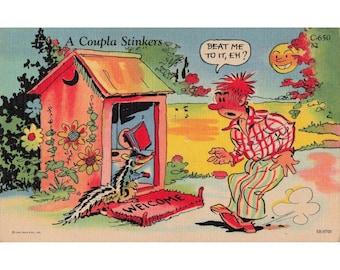Carte postale vintage Curt Teich Art-Colortone « Un couple de puants » (Humour de toilettes extérieures) 6B-H700