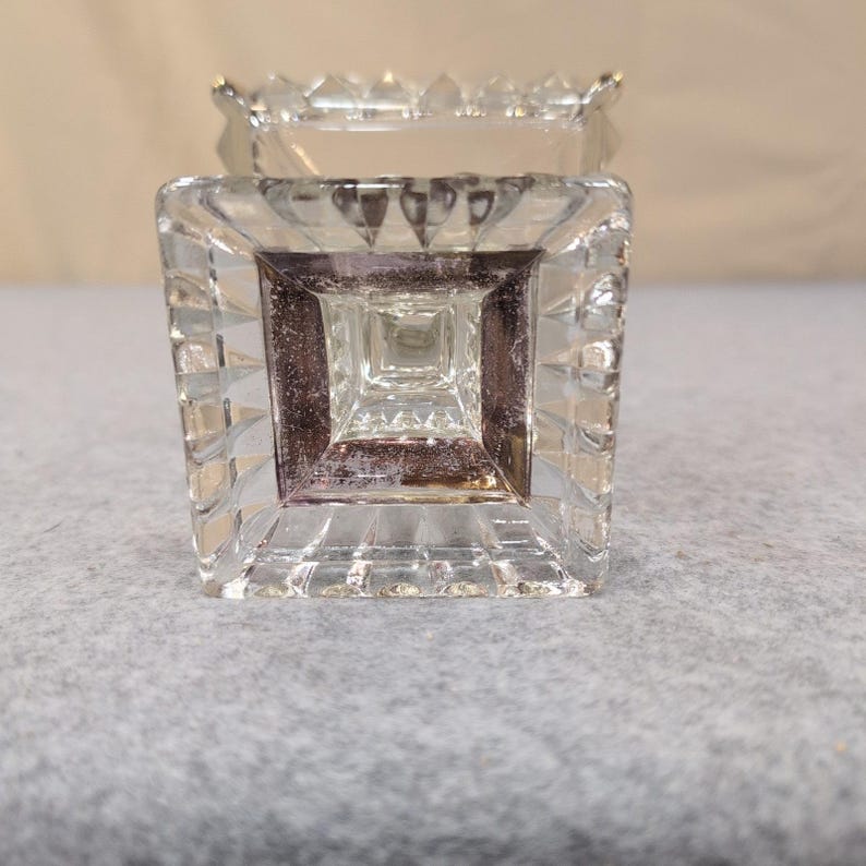 Vintage Clear Pressed Glass Square Pedestal Dish Gold Trim Thumbprint Pattern image 8