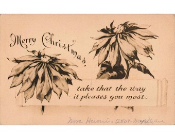 Cartão postal de Natal vintage de 1910 da Gibson Art Co., floral, sépia, com selo Franklin. Em bom estado de conservação.
