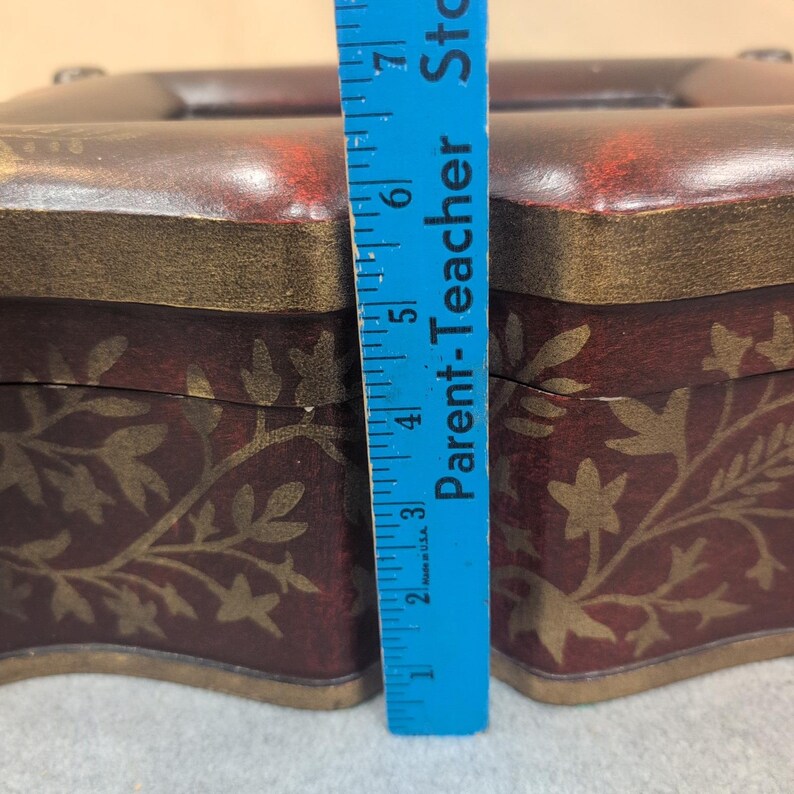 Chalkware Trinket Box Faux Wood Finish Gold Floral Vine Stencil Scalloped Edge image 11