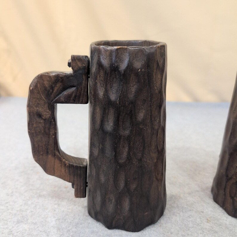 Vintage Hand Carved Wooden Mug Coat of Arms of Toledo, Spain Set of 2 Dark Wood image 4