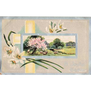 Vintage A Joyful Easter Postcard Series C No 10 Embossed Sheep Daffodils VG image 1