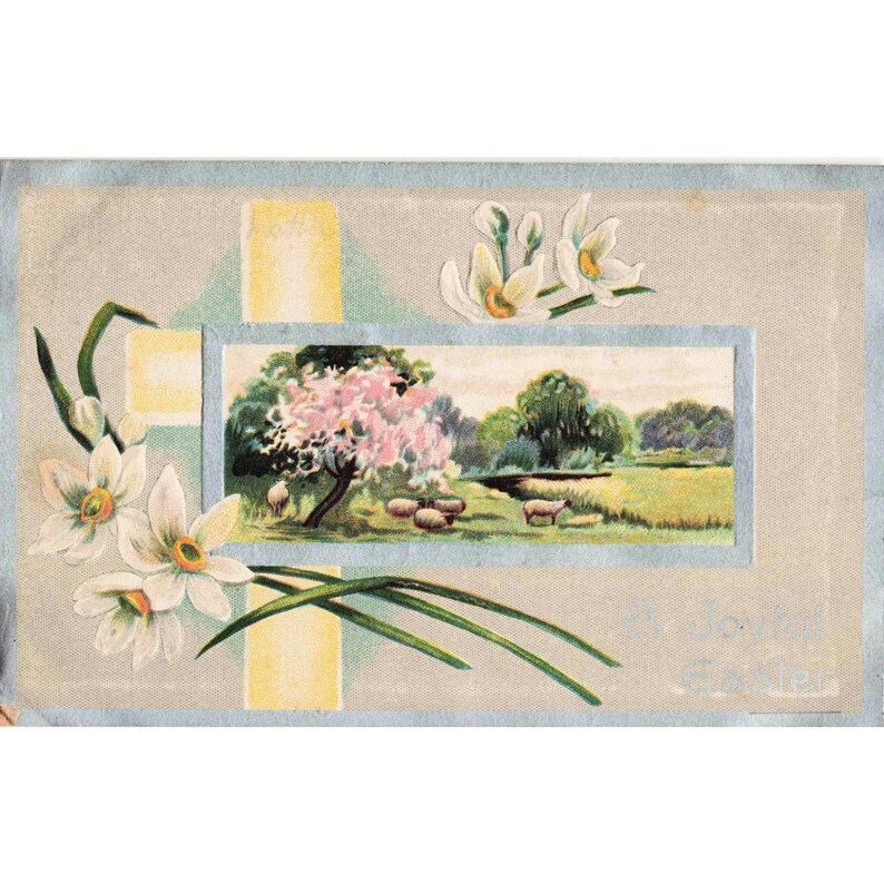 Vintage A Joyful Easter Postcard Series C No 10 Embossed Sheep Daffodils VG image 1
