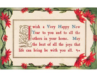 Cartão-postal antigo de 1910 com a mensagem "Feliz Ano Novo", borda com poinsétia e selo de 1 centavo da Franklin. Em bom estado de conservação.