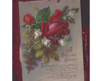 Victorian Fringed Christmas Cards Antique Floral Lithograph Lot of 2 Red Blue