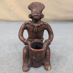 Vintage Terracotta Figurine Seated Person Holding Basket Tribal Art Decor image 1