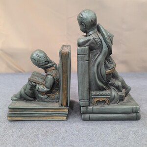 Vintage 1964 Universal Statuary Corp Asian Boy Girl Reading Bookends 927B Green image 6