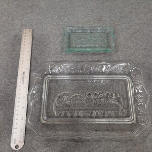 Tiara Indiana Glass Last Supper Bread Tray and Trinket Dish Set Clear Green image 4